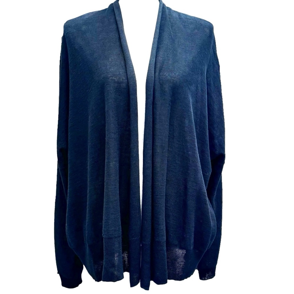 DKNY PURE BLACK KNIT LINEN OPEN CARDIGAN SHAWL COLLAR SWEATER